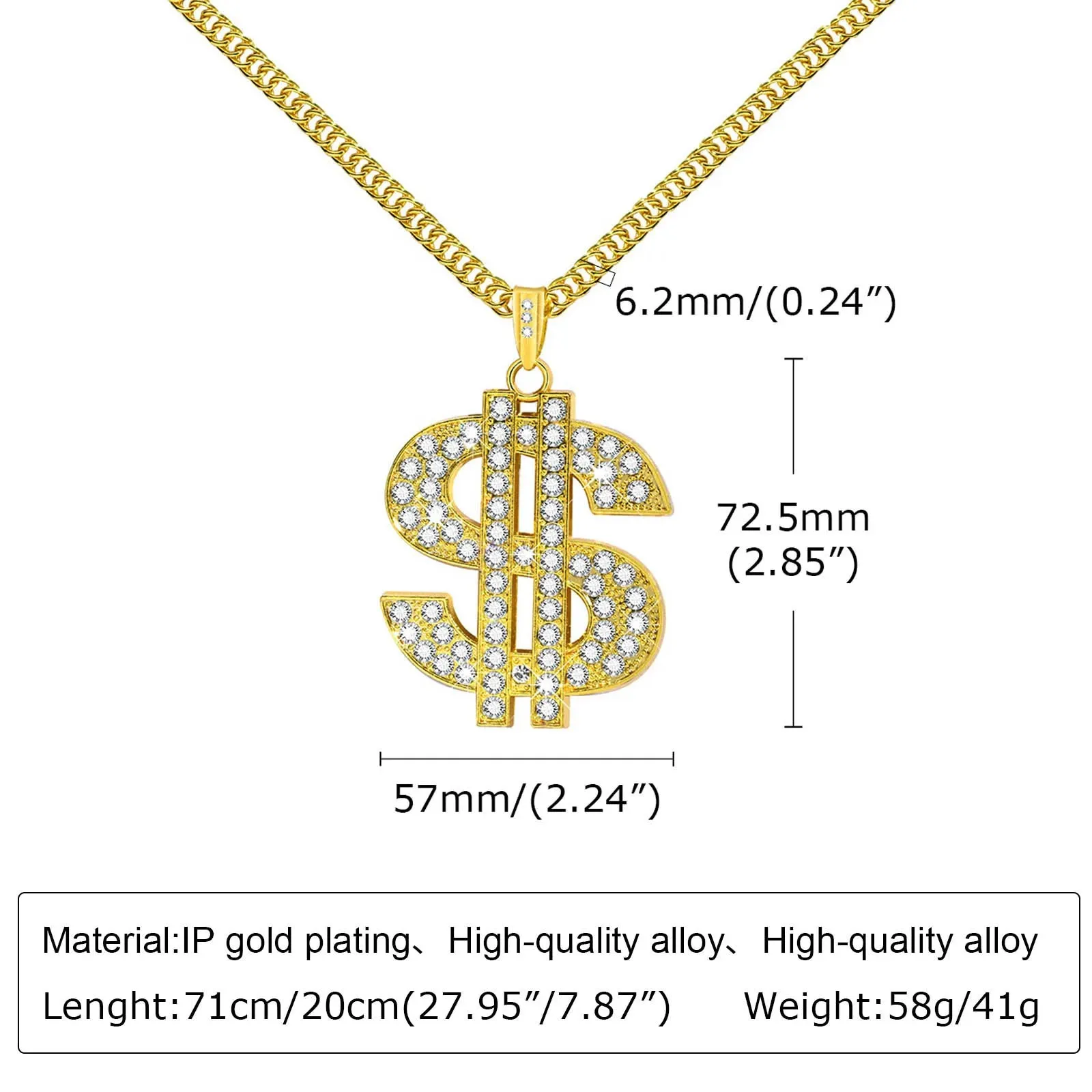 Men Gold Color Dollar Sign Necklaces with Cuban Chain,Hip Hop Money Dollar Pendant Collar