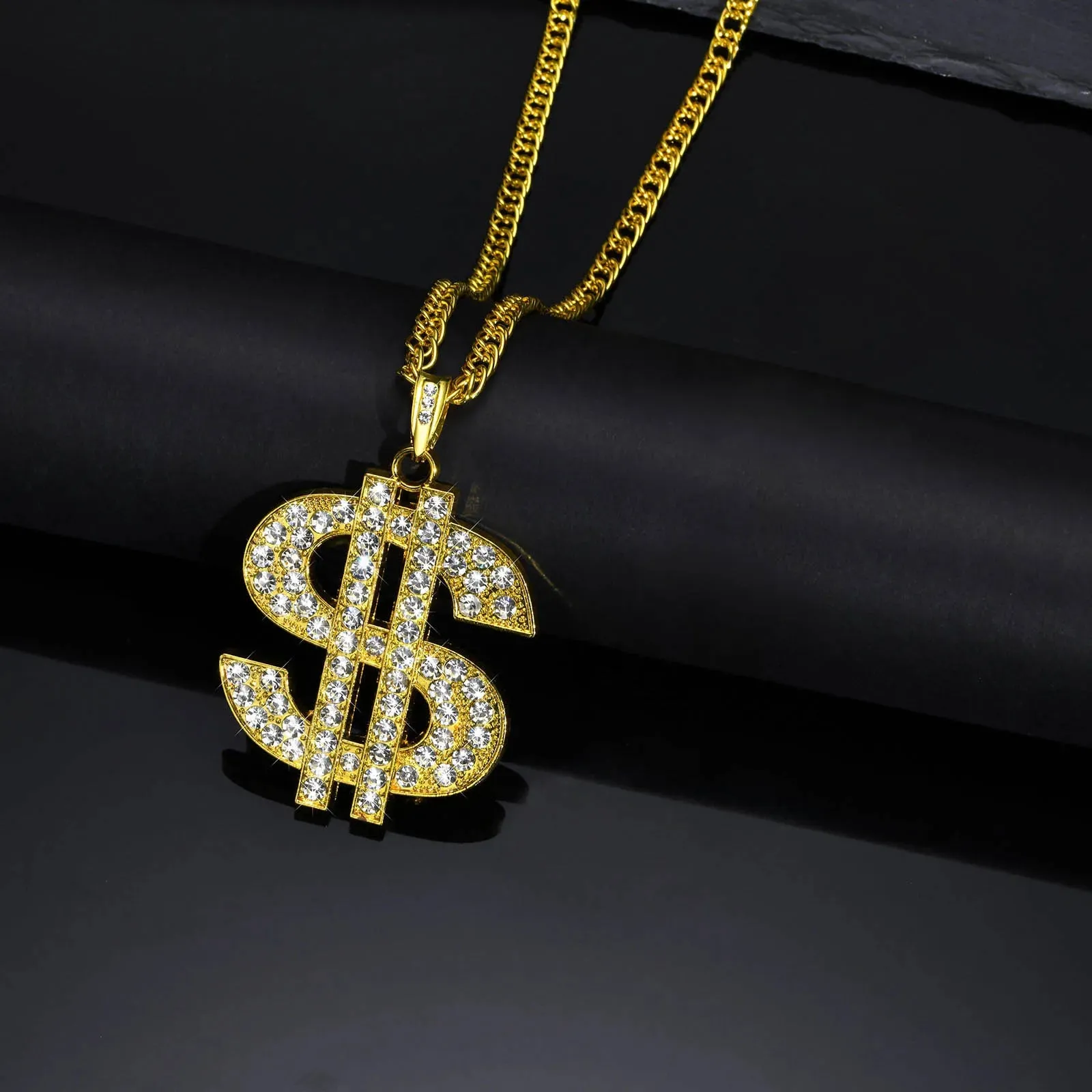 Men Gold Color Dollar Sign Necklaces with Cuban Chain,Hip Hop Money Dollar Pendant Collar