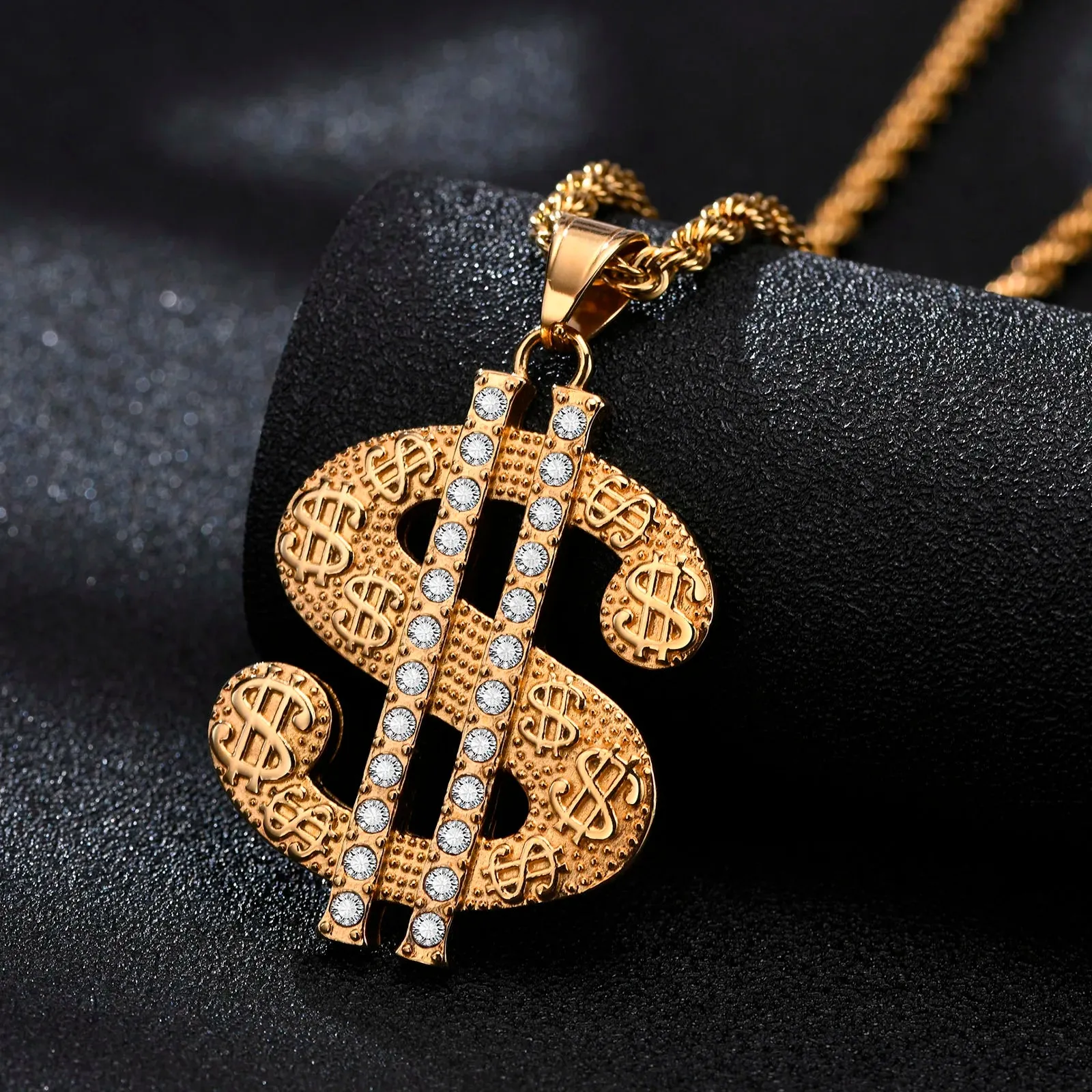 Men Gold Color Dollar Sign Necklaces with Cuban Chain,Hip Hop Money Dollar Pendant Collar