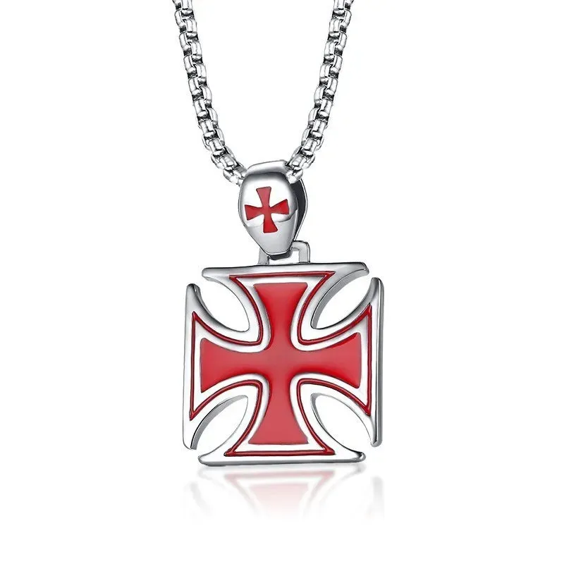 Men Necklace Red Iron Cross Knight Kinghts Templar Pendant