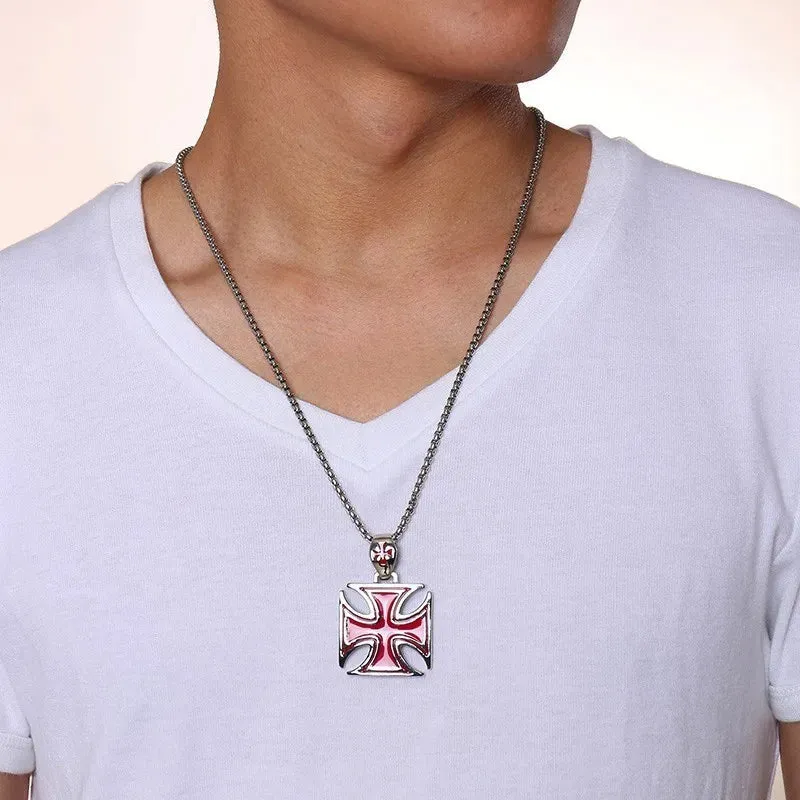 Men Necklace Red Iron Cross Knight Kinghts Templar Pendant