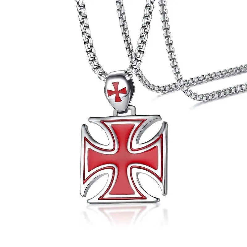 Men Necklace Red Iron Cross Knight Kinghts Templar Pendant
