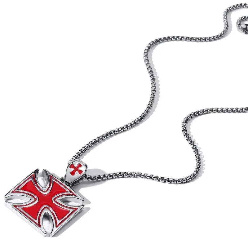 Men Necklace Red Iron Cross Knight Kinghts Templar Pendant