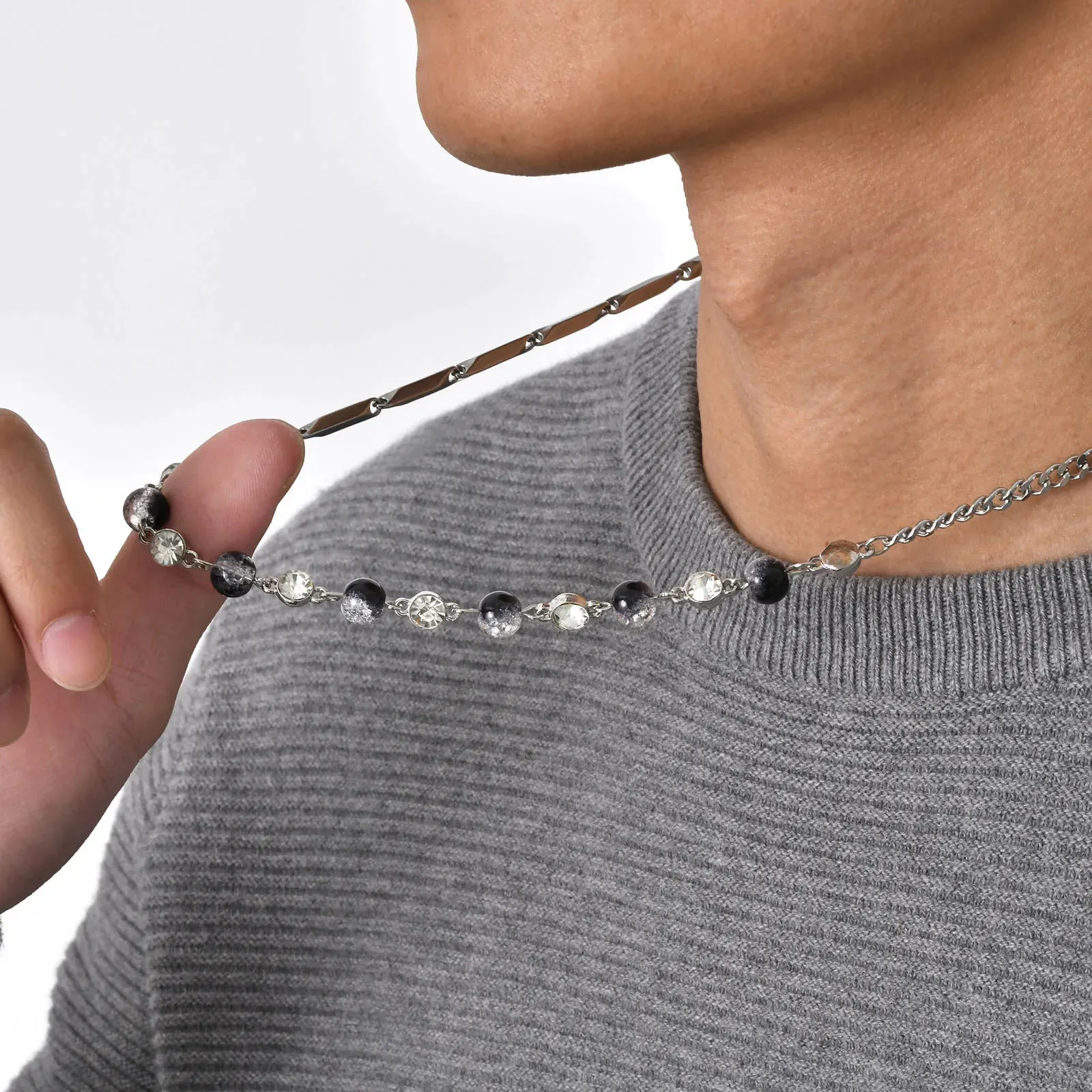 Mens 8mm Beads Chain Necklaces,Stainless Steel Curb Chain Collar