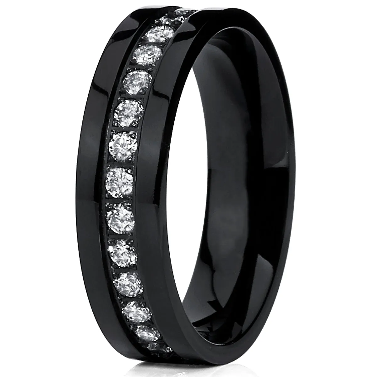 Men's Black High Polish Titanium Eternity Ring Band Cubic Zirconia 6mm Comfort Fit Size 12
