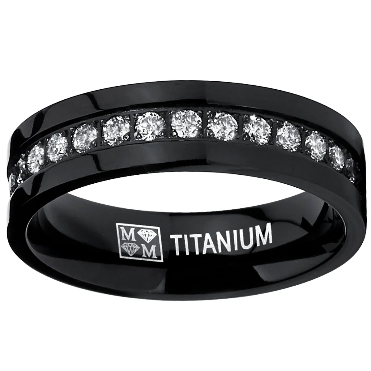Men's Black High Polish Titanium Eternity Ring Band Cubic Zirconia 6mm Comfort Fit Size 12
