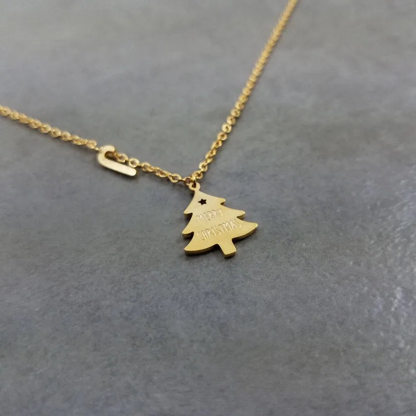 Merry Christmas Tree With Candy Cane Pendant Necklace Women Kids