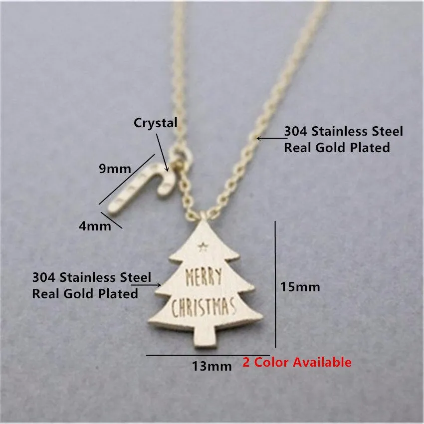 Merry Christmas Tree With Candy Cane Pendant Necklace Women Kids