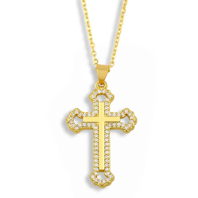 Micro Pave Cross Necklace For Women Gold Plated Rhinestone Pendant Necklace