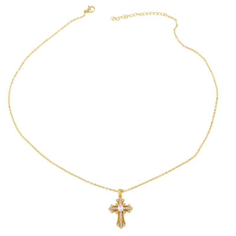 Micro Pave Cross Necklace For Women Gold Plated Rhinestone Pendant Necklace