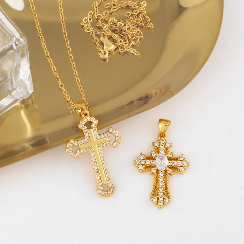 Micro Pave Cross Necklace For Women Gold Plated Rhinestone Pendant Necklace