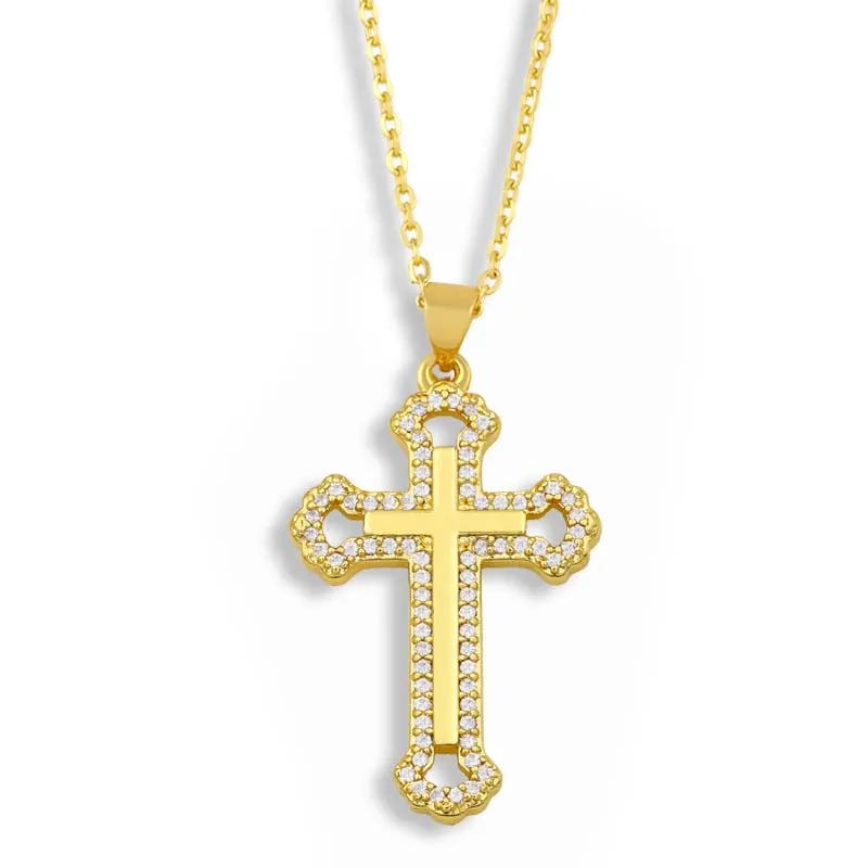 Micro Pave Cross Necklace For Women Gold Plated Rhinestone Pendant Necklace