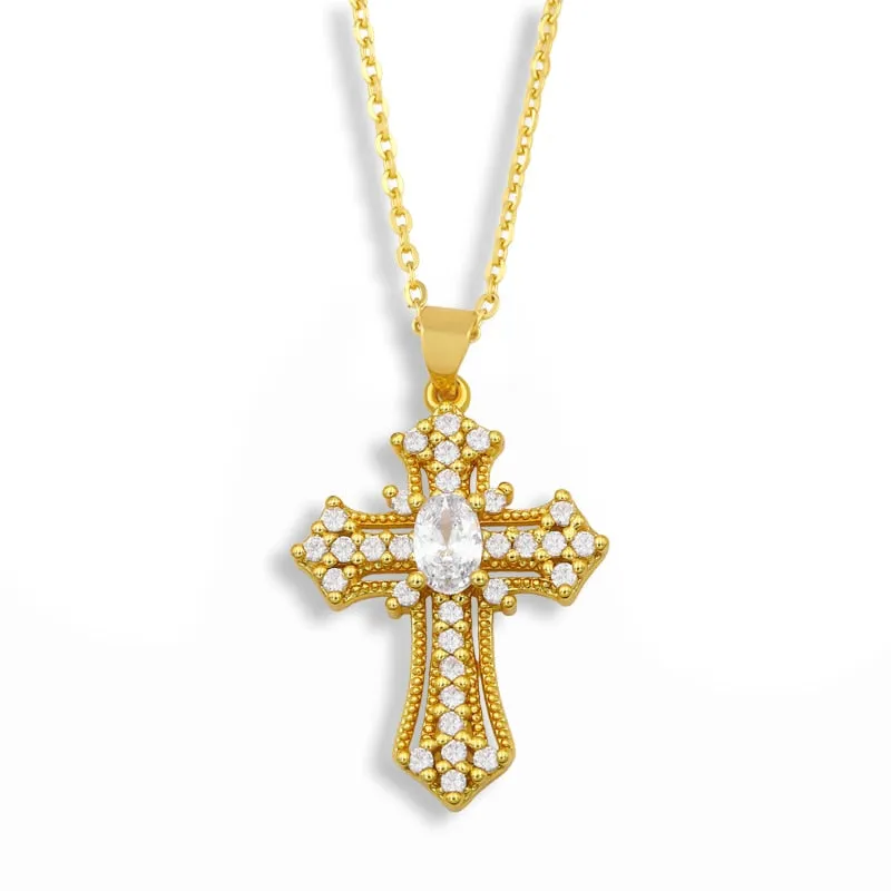 Micro Pave Cross Necklace For Women Gold Plated Rhinestone Pendant Necklace
