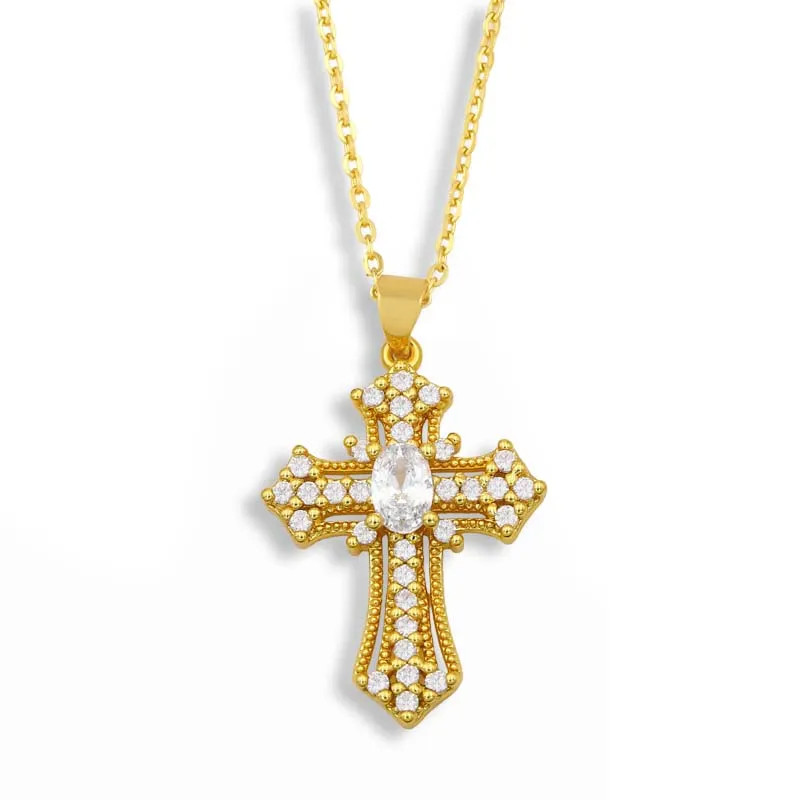 Micro Pave Cross Necklace For Women Gold Plated Rhinestone Pendant Necklace