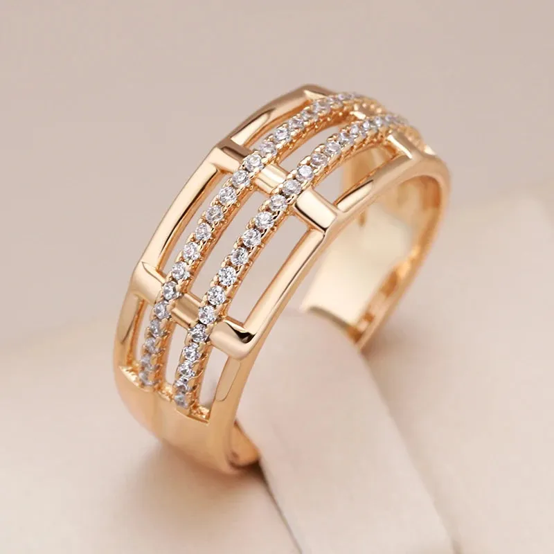 Modern 14K Rolled Rose Gold Unique Creative Geometry Line AAA Zircon Diamonds Fashion Ring - Party Jewellery