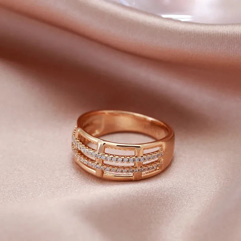 Modern 14K Rolled Rose Gold Unique Creative Geometry Line AAA Zircon Diamonds Fashion Ring - Party Jewellery
