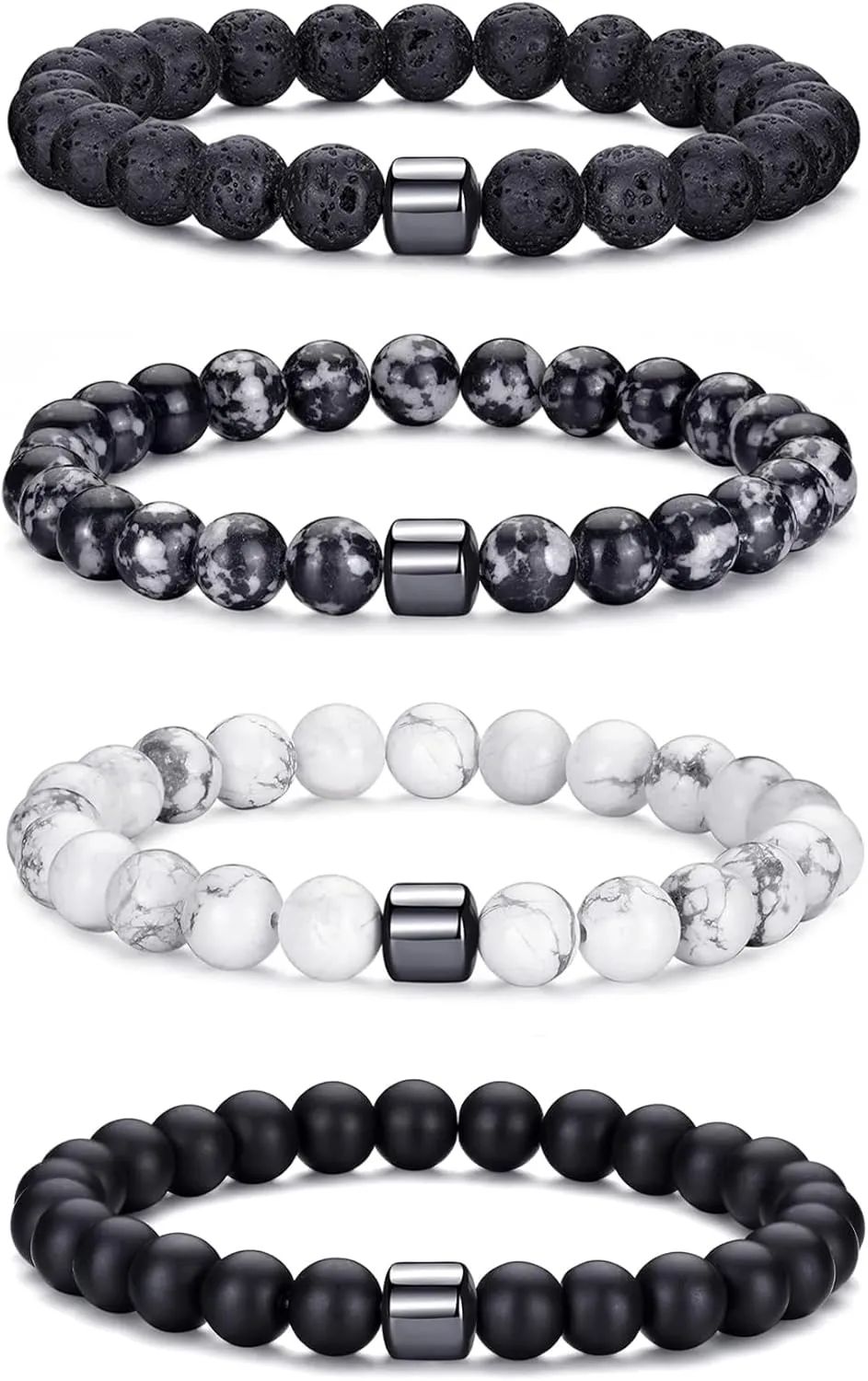 MOROTOLE Mens Beaded Bracelet Tiger Eye 8MM Natural Stone Beads Bracelet Set Adjustable Stretch Lava Rock Bracelets for Men Black Crystal Beaded Bracelets for Men Father Boyfriend Brother Gifts
