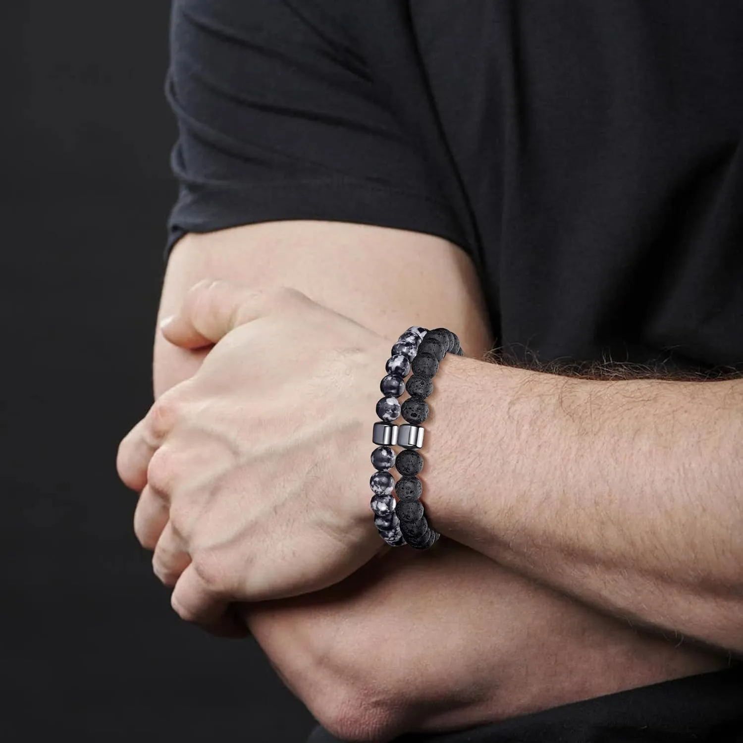 MOROTOLE Mens Beaded Bracelet Tiger Eye 8MM Natural Stone Beads Bracelet Set Adjustable Stretch Lava Rock Bracelets for Men Black Crystal Beaded Bracelets for Men Father Boyfriend Brother Gifts