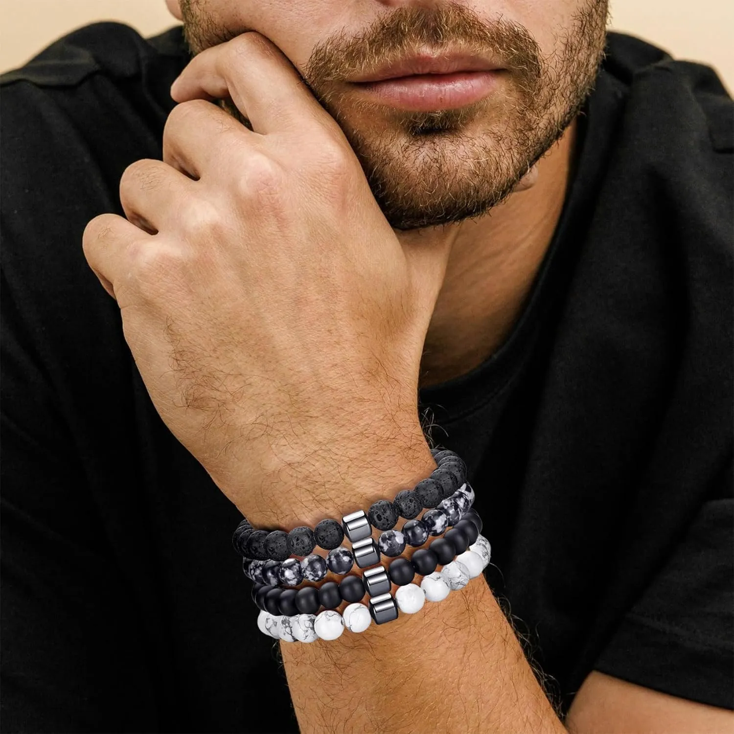 MOROTOLE Mens Beaded Bracelet Tiger Eye 8MM Natural Stone Beads Bracelet Set Adjustable Stretch Lava Rock Bracelets for Men Black Crystal Beaded Bracelets for Men Father Boyfriend Brother Gifts