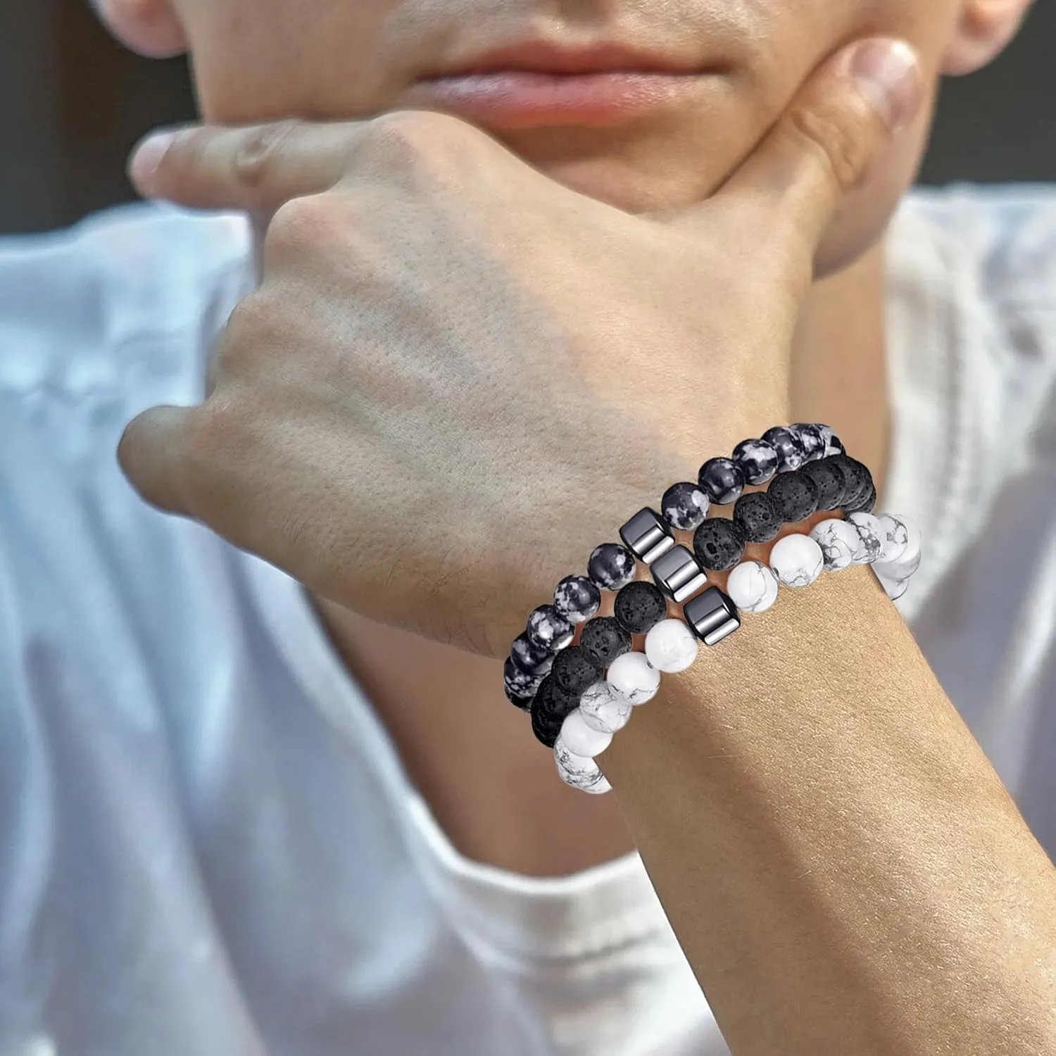 MOROTOLE Mens Beaded Bracelet Tiger Eye 8MM Natural Stone Beads Bracelet Set Adjustable Stretch Lava Rock Bracelets for Men Black Crystal Beaded Bracelets for Men Father Boyfriend Brother Gifts