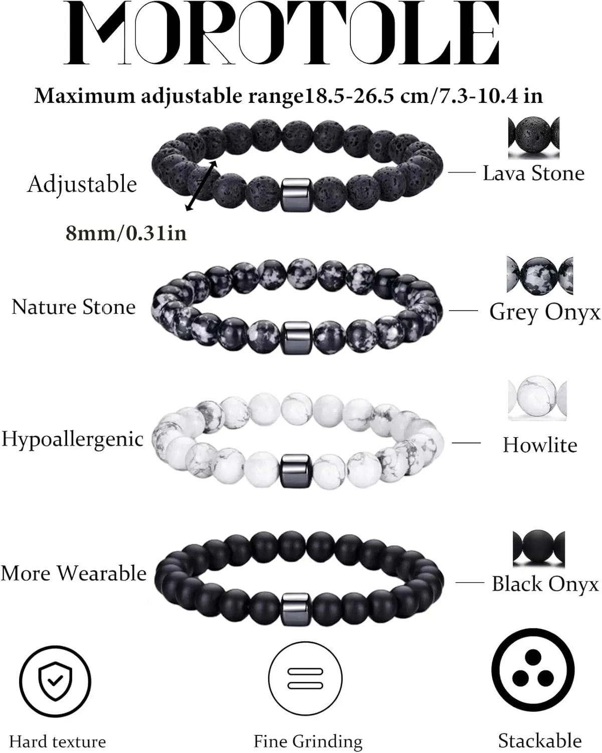 MOROTOLE Mens Beaded Bracelet Tiger Eye 8MM Natural Stone Beads Bracelet Set Adjustable Stretch Lava Rock Bracelets for Men Black Crystal Beaded Bracelets for Men Father Boyfriend Brother Gifts