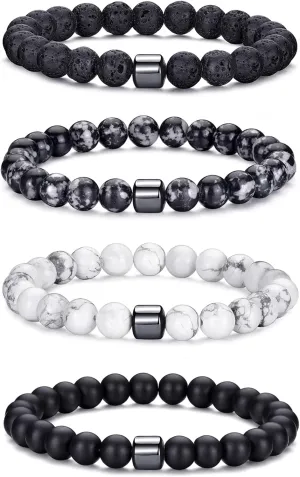 MOROTOLE Mens Beaded Bracelet Tiger Eye 8MM Natural Stone Beads Bracelet Set Adjustable Stretch Lava Rock Bracelets for Men Black Crystal Beaded Bracelets for Men Father Boyfriend Brother Gifts