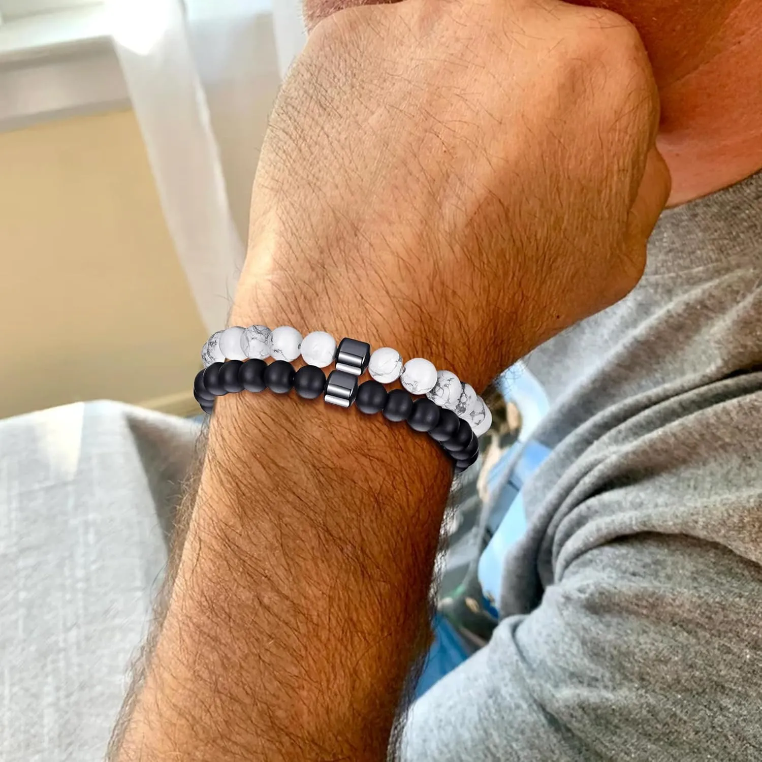 MOROTOLE Mens Beaded Bracelet Tiger Eye 8MM Natural Stone Beads Bracelet Set Adjustable Stretch Lava Rock Bracelets for Men Black Crystal Beaded Bracelets for Men Father Boyfriend Brother Gifts