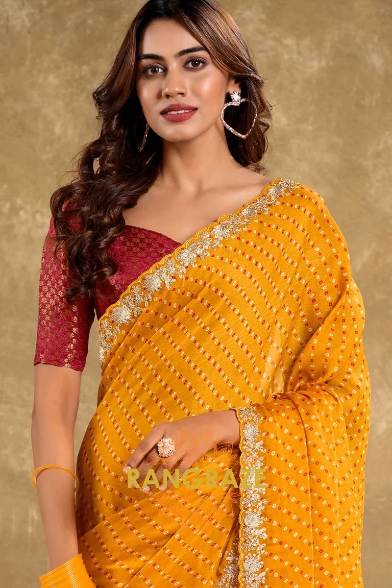 Mustard Bandhani Pure Chiffon Saree with Embroidered Border and Maroon Blouse