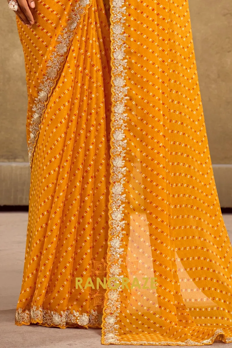 Mustard Bandhani Pure Chiffon Saree with Embroidered Border and Maroon Blouse