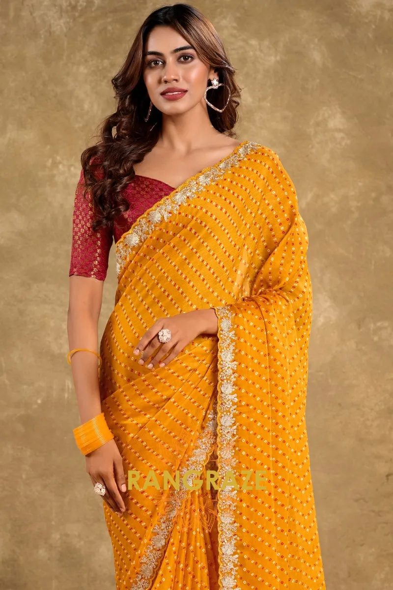 Mustard Bandhani Pure Chiffon Saree with Embroidered Border and Maroon Blouse