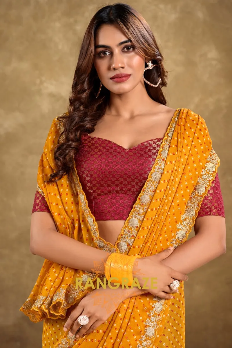 Mustard Bandhani Pure Chiffon Saree with Embroidered Border and Maroon Blouse