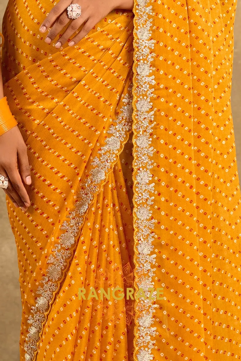 Mustard Bandhani Pure Chiffon Saree with Embroidered Border and Maroon Blouse