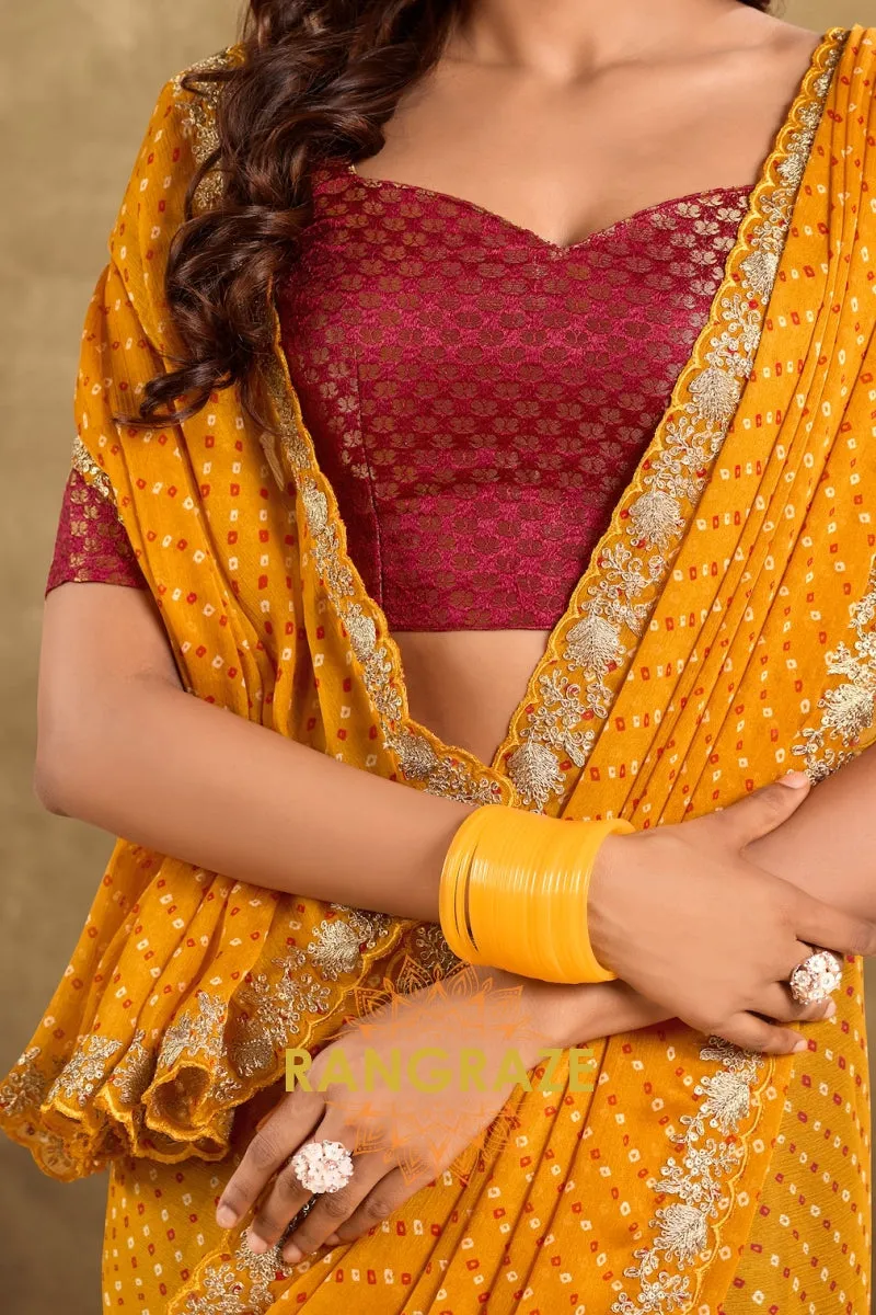Mustard Bandhani Pure Chiffon Saree with Embroidered Border and Maroon Blouse
