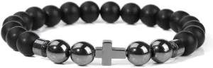 Natural Stone Bracelet Men Beads Bracelet Handmade Cross Pendant Bracelets Women Prayer Fitness Jewelry for 8mm (Metal Color: Matte Black Glass - Length: 21CM)