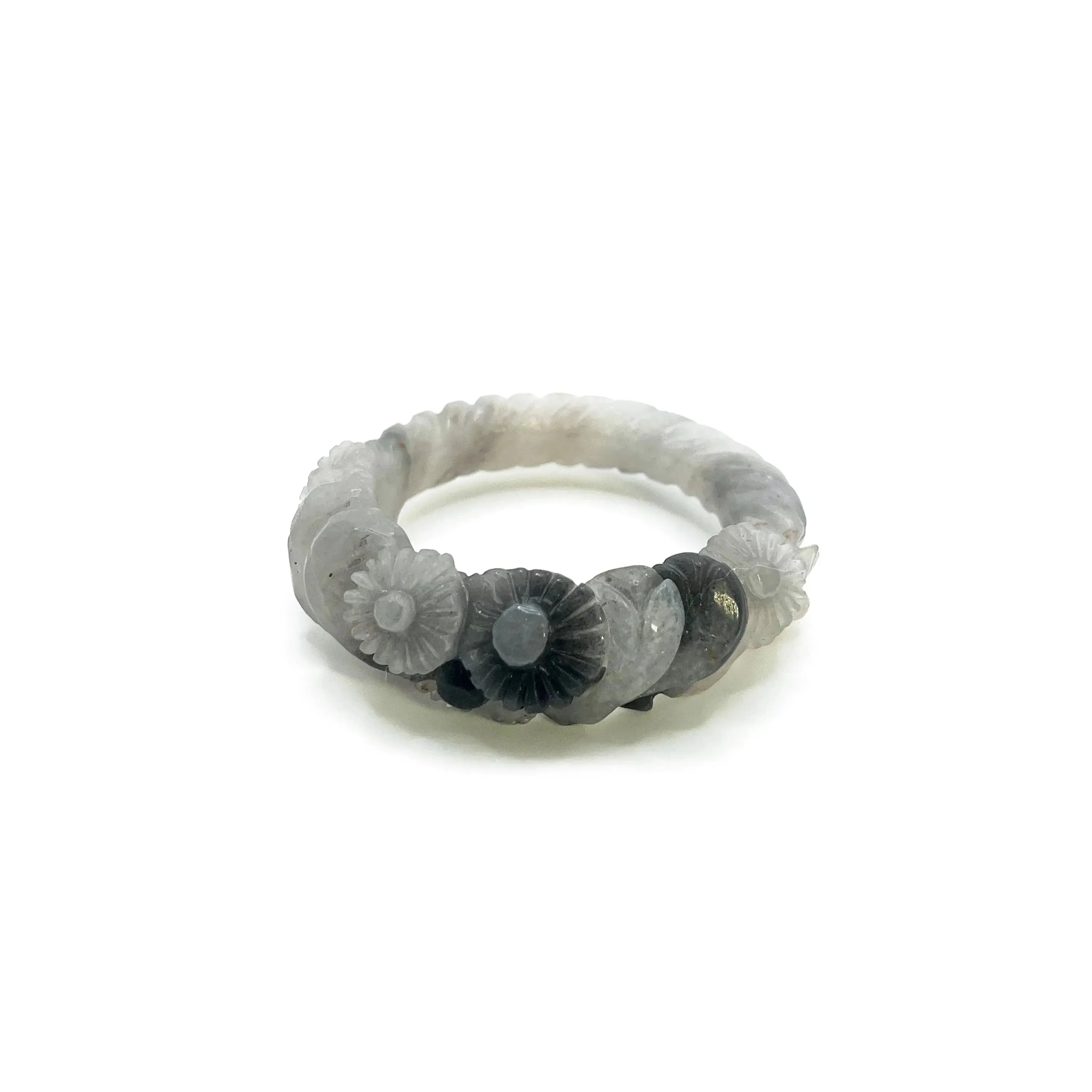Natural Stone Jewelry – Midnight Blossom Daisy Bangle in Clear Mongolian Jade