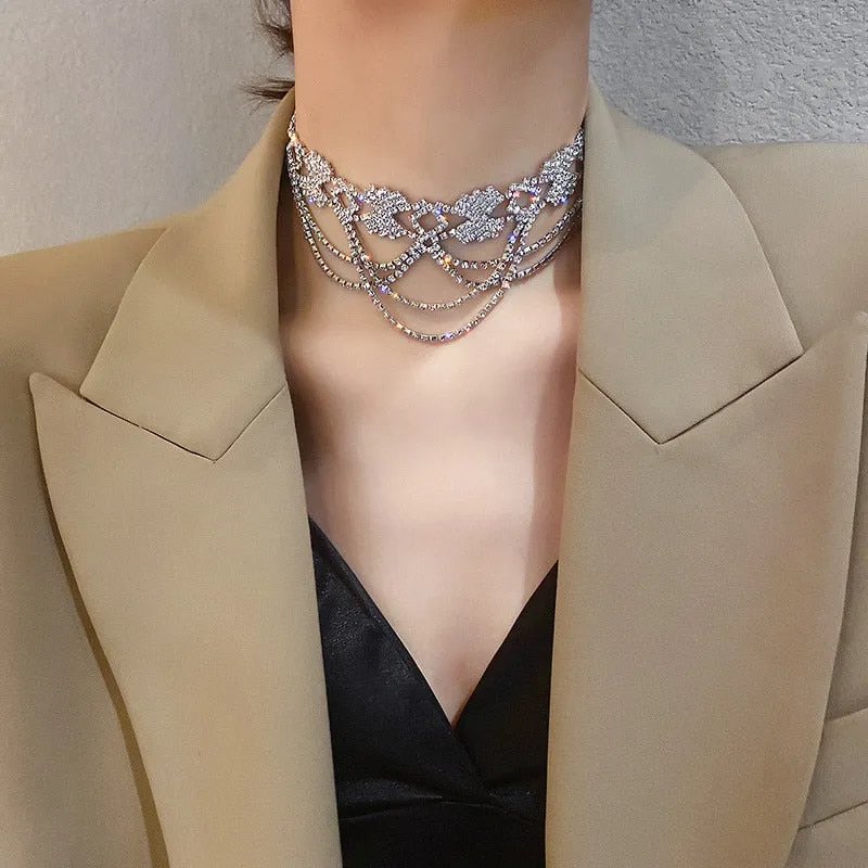New Hollow Geometric Crystal Choker Necklaces for Women Long Tassel Rhinestone Necklaces