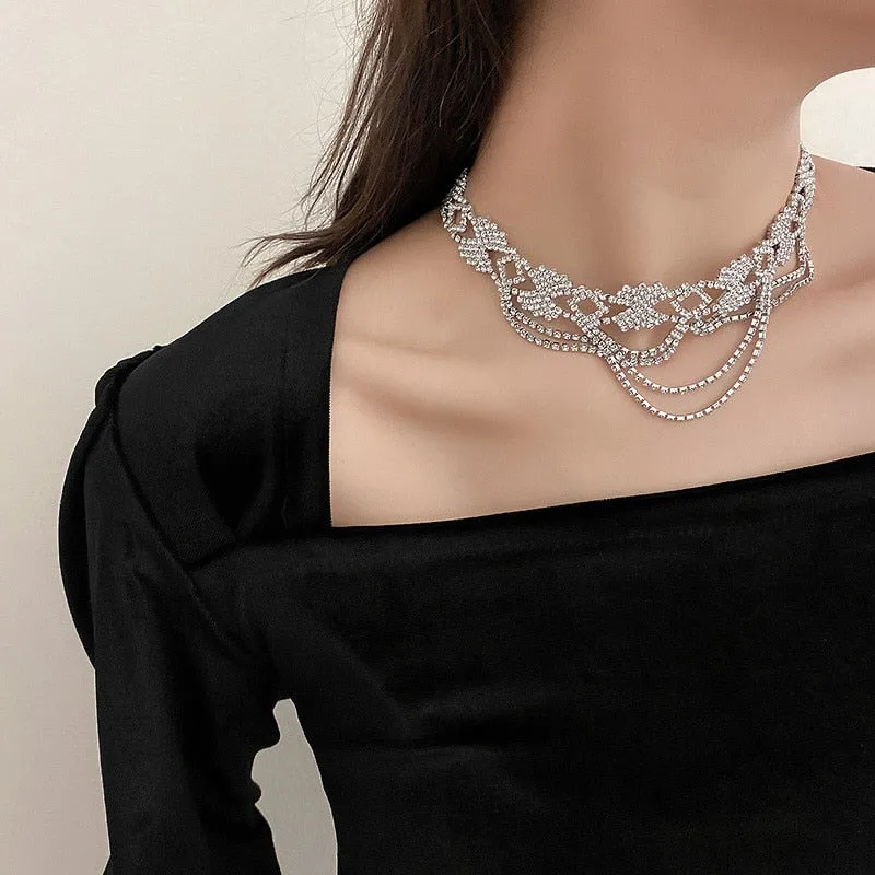 New Hollow Geometric Crystal Choker Necklaces for Women Long Tassel Rhinestone Necklaces