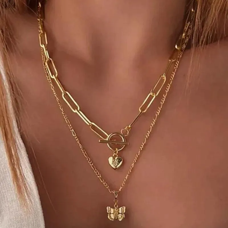 New In Fashion 14K Gold Colour Heart-Shaped Trendy Multi-Layer Fashion Necklaces For Women and Girls