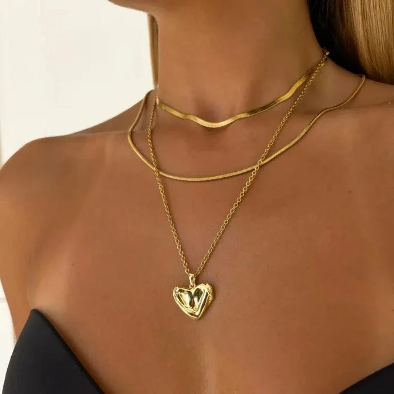 New In Fashion 14K Gold Colour Heart-Shaped Trendy Multi-Layer Fashion Necklaces For Women and Girls