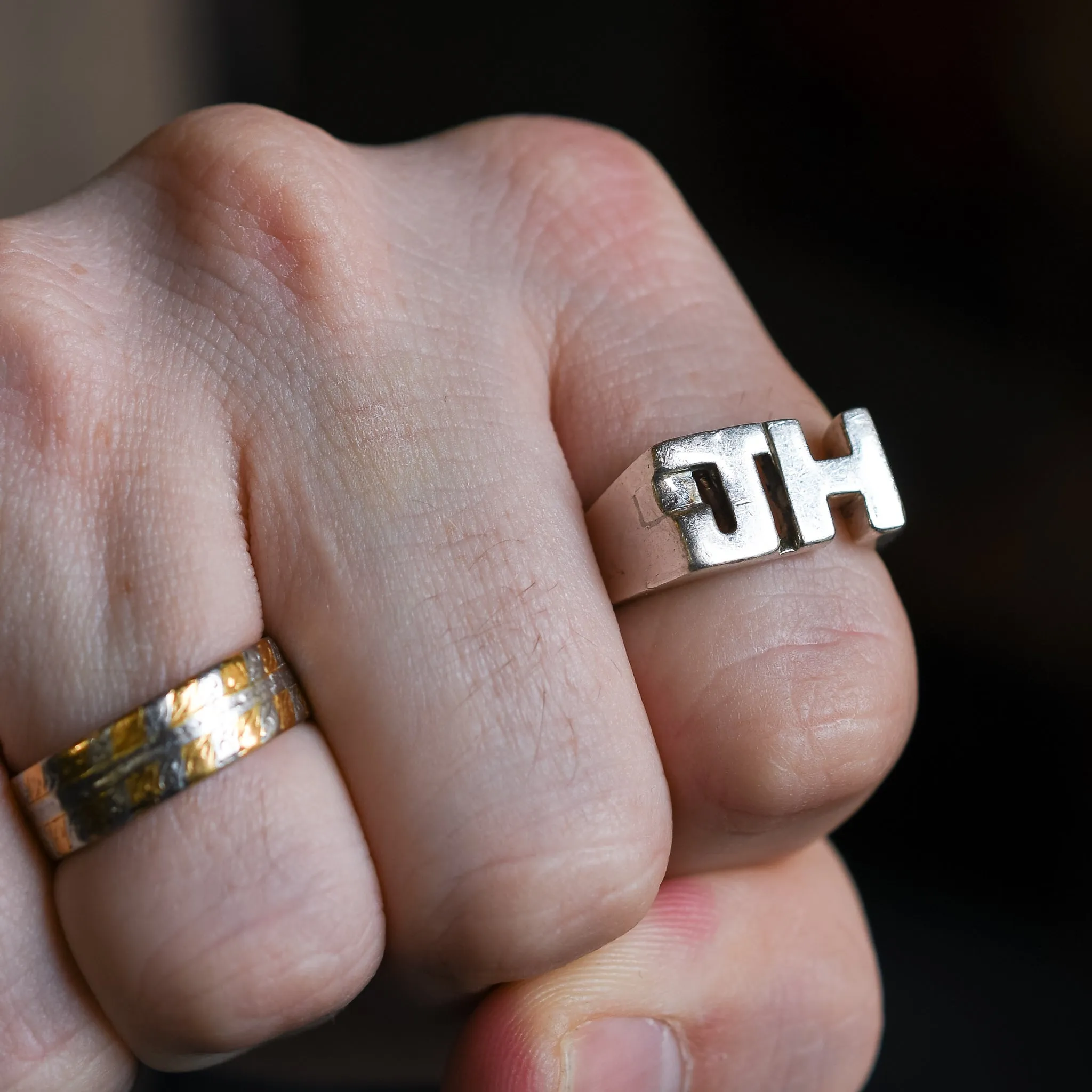 Oversized "J.H" Silver Initial Ring