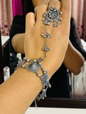 oxidised Hand harness, Haath Phool, Bracelet With Adjustable Ring | Indian Ethnic Oxidized Haath Phool | Boho Jewelry | Bracelet With Ring |