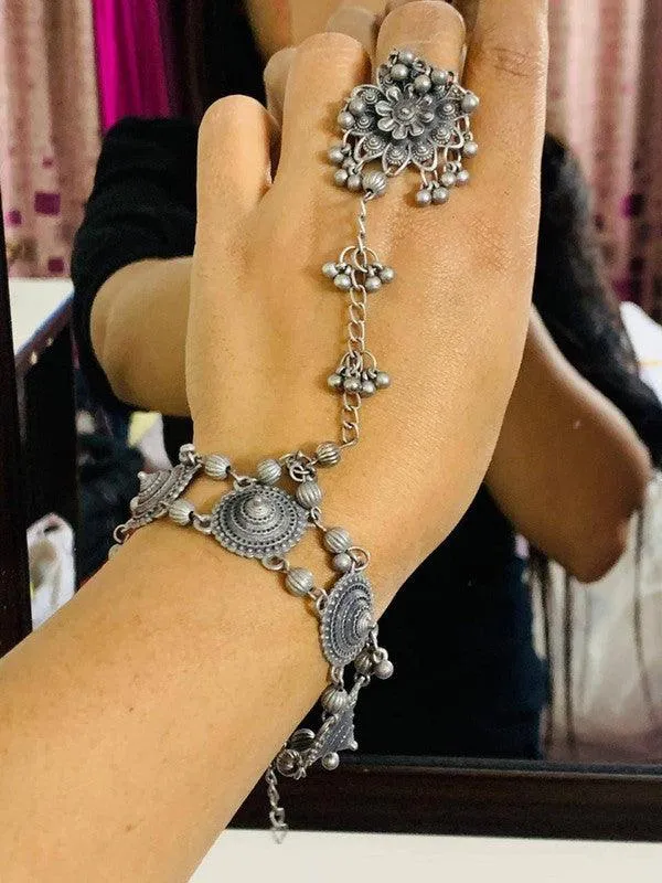 oxidised Hand harness, Haath Phool, Bracelet With Adjustable Ring | Indian Ethnic Oxidized Haath Phool | Boho Jewelry | Bracelet With Ring |
