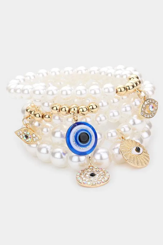 Pearl white - 5 evil eye beaded bracelets