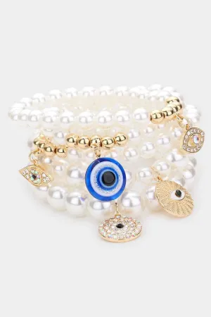Pearl white - 5 evil eye beaded bracelets