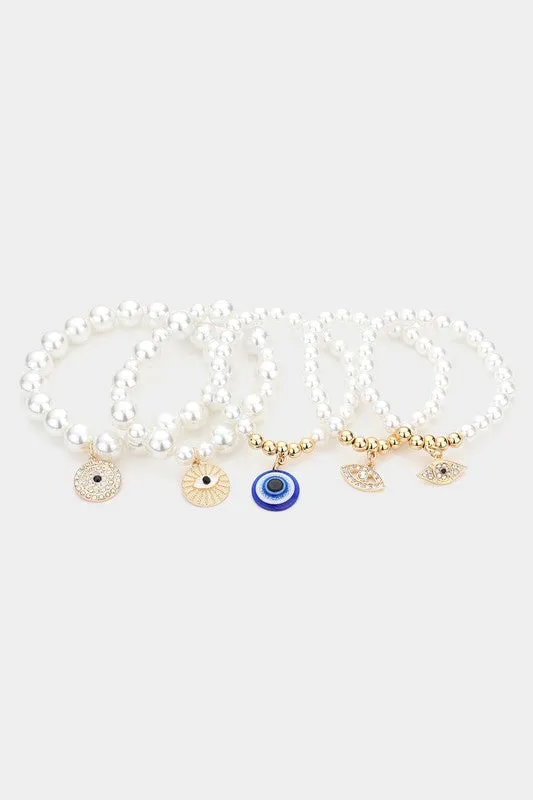 Pearl white - 5 evil eye beaded bracelets