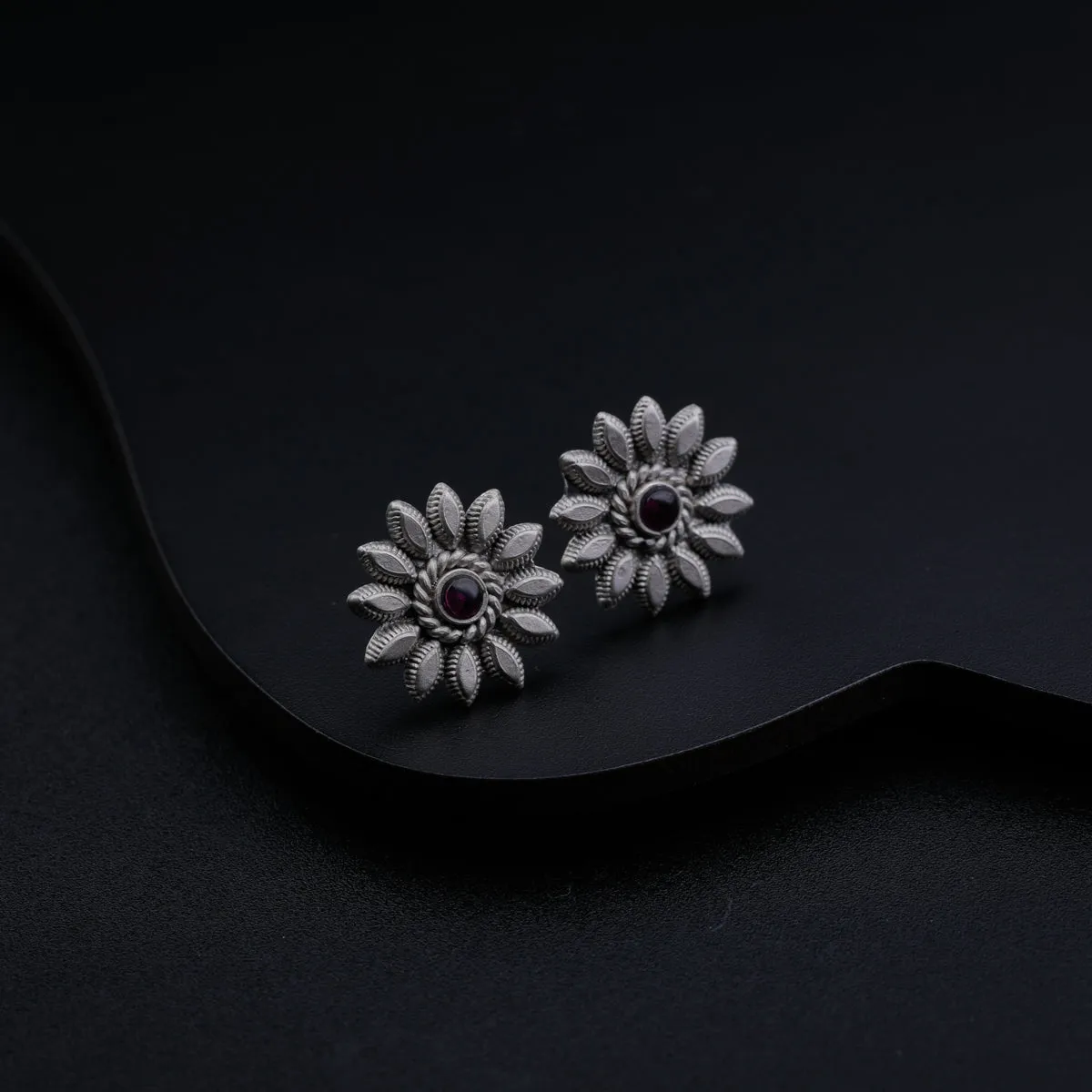 Petal with Pink Stone Silver Earrings