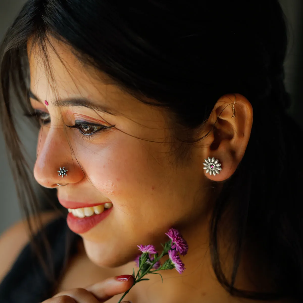 Petal with Pink Stone Silver Earrings