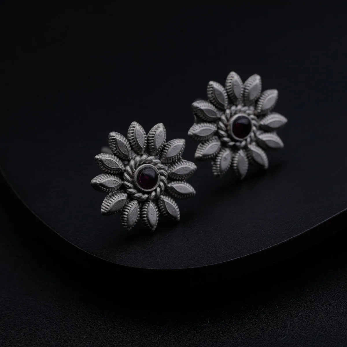 Petal with Pink Stone Silver Earrings