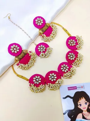 Pink Splendor: Handmade Floral Beaded Jewelry Set for Festive Occasions