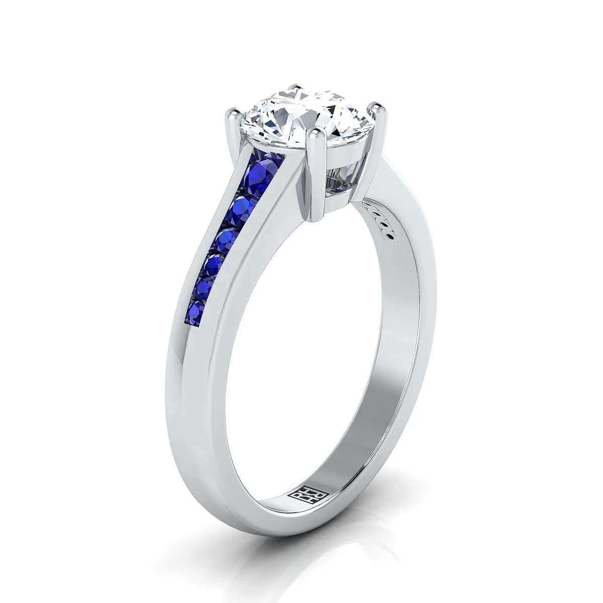 Platinum Round Brilliant Contemporary Tapered Blue Sapphire Channel Engagement Ring